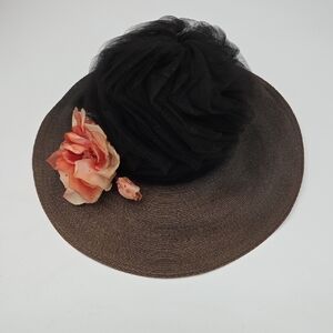 Vintage Black and Brown Hat with Floral Accent